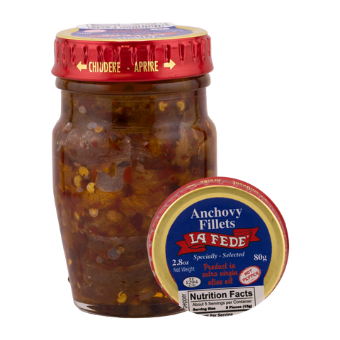 Jar of anchovy fillets with a separate label on a white background