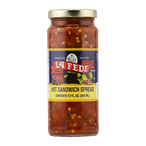 Jar of La Fede hot sandwich spread on a white background