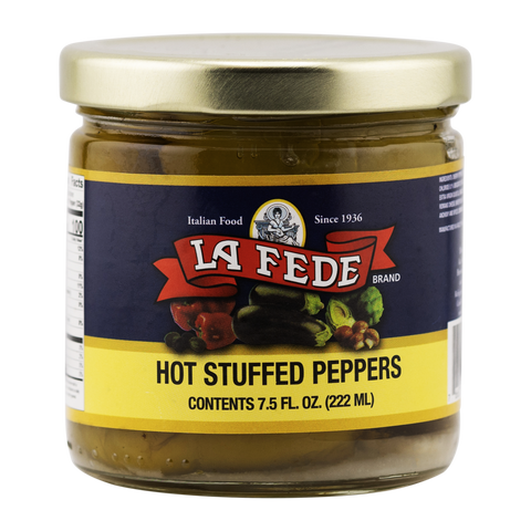 Jar of La Fede hot stuffed peppers on a white background
