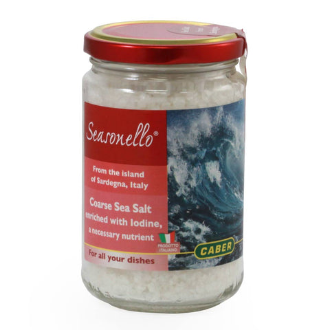 Jar of Seasonello coarse sea salt with a red label on a white background