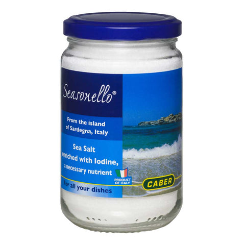 Jar of sea salt with a blue label on a white background