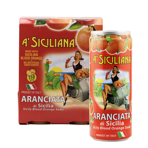 A Siciliana Aranciata di Sicilia Sicily Blood Orange Soda packaging and can on a white background