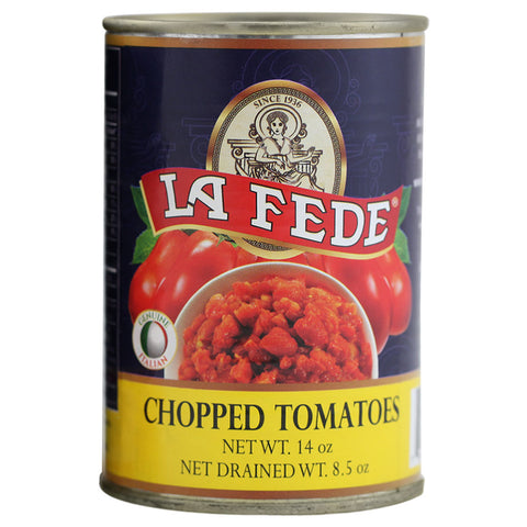 Can of La Fede chopped tomatoes on a white background