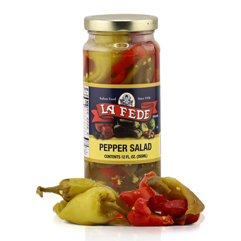 Jar of La Fede Pepper Salad with peppers on a white background
