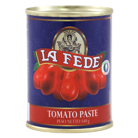 Can of La Fede tomato paste with blue and red label