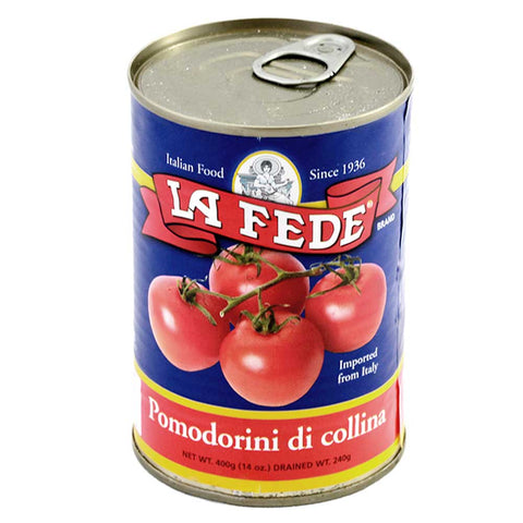 Can of La Fede Pomodorini di collina tomatoes on a white background