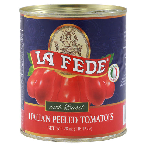 Can of La Fede Italian Peeled Tomatoes with Basil on a white background