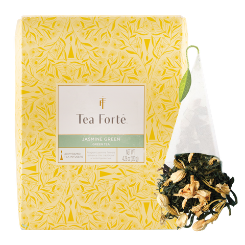 Tea Forte jasmine green tea packaging with a small bag of tea leaves displayed.