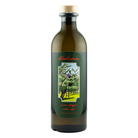 Bottle of olive oil with a label featuring a horse and rider in a field on a white background