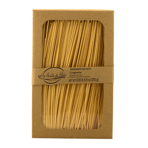 Box of La Pasta di Aldo linguine pasta on a white background