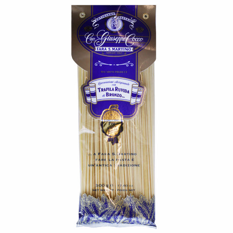 Packaged pasta with a blue label on a white background