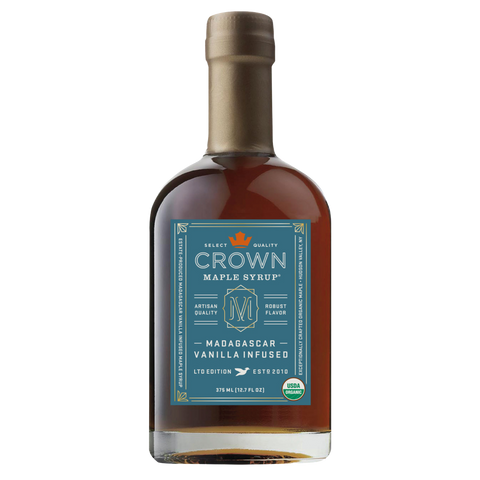 Bottle of Crown Maple Madagascar Vanilla Infused syrup on a white background