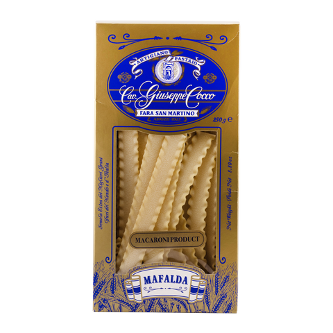 Packaged Mafalda pasta with a gold and blue label on a white background