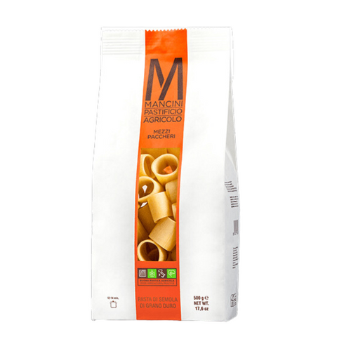 Mancini pasta package with orange and white design on a white background