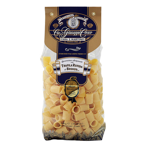 Bag of pasta with a brand label on a white background