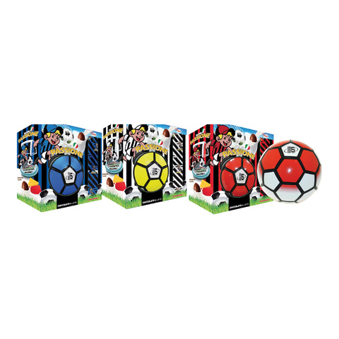 Set of soccer balls with cartoon character packaging on a white background