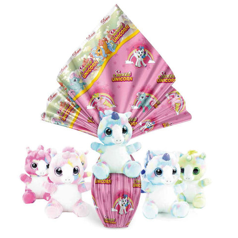 Plush unicorns with packaging featuring 'Sweet Unicorn' branding on a white background