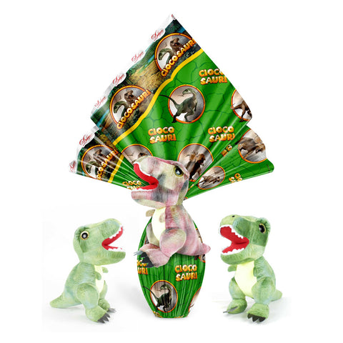 Plush dinosaur toys with packaging featuring 'Cicco Sauri' branding on a white background