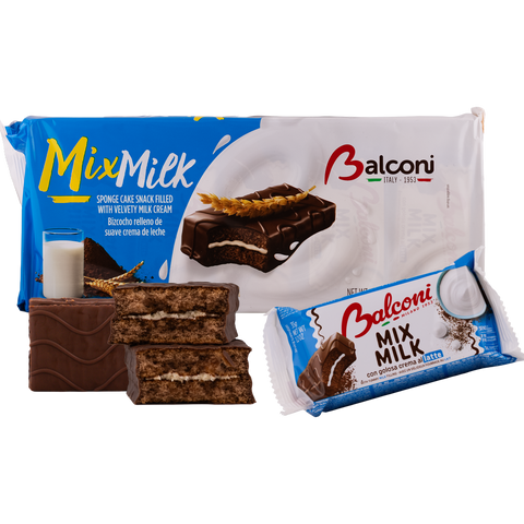 Balconi Mix Milk chocolate snack bars with packaging on a white background