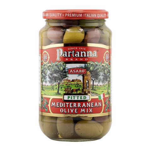 Jar of Partanna Mixed Mediterranean Olives with Herbs.