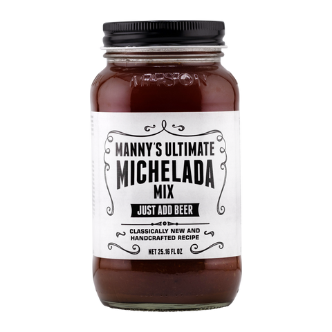 Jar of Manny's Ultimate Michelada Mix with a white label on a white background