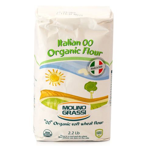 Bag of Italian Organic Flour with Molino Grassi branding on a white background