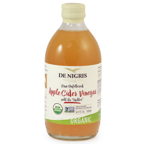 Bottle of De Nigris Apple Cider Vinegar on a white background