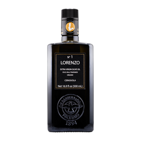 Black olive oil bottle with 'Lorenzo' branding on a white background
