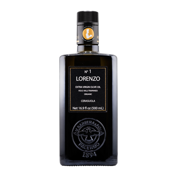 Black olive oil bottle with 'Lorenzo' branding on a white background