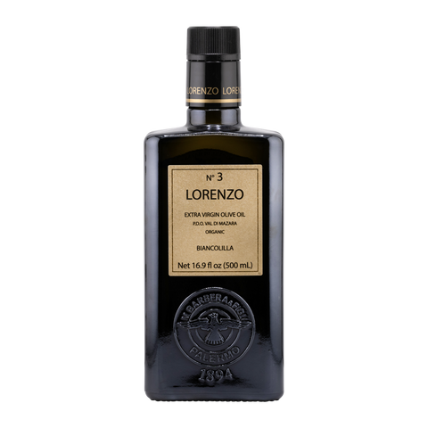 Bottle of Lorenzo olive oil on a white background
