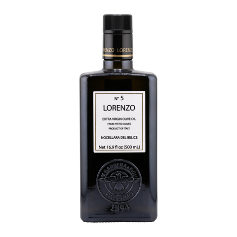 Black bottle of Lorenzo olive oil with a white label on a white background