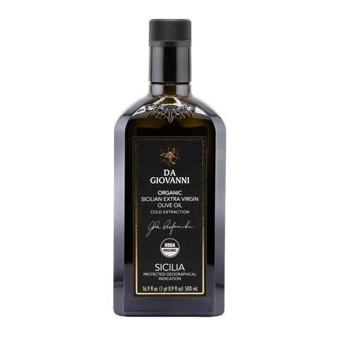 Bottle of Da Giovanni organic Sicilian extra virgin olive oil on a white background
