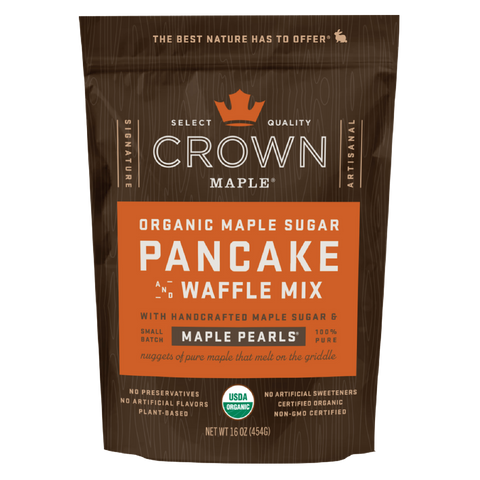 Crown Maple Organic Maple Sugar Pancake and Waffle Mix packaging on a white background