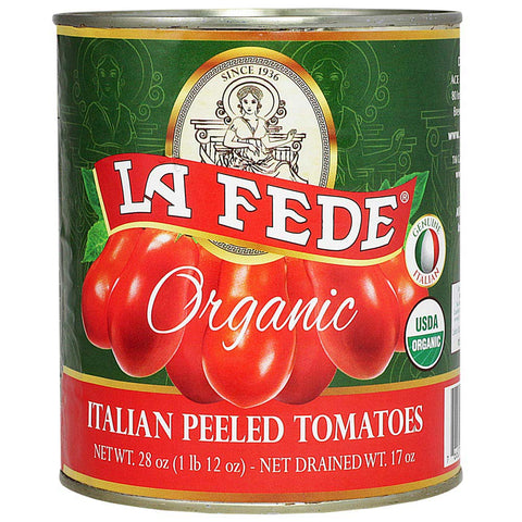 Can of La Fede Organic Italian Peeled Tomatoes with green and red label.
