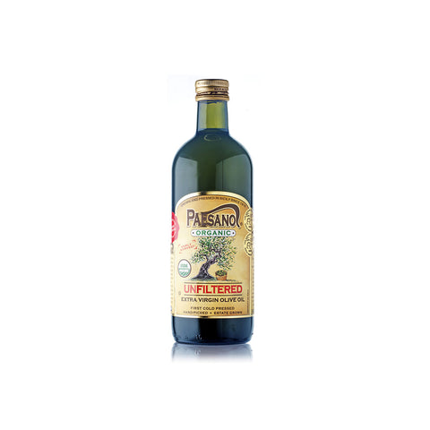 Bottle of Paesano unfiltered extra virgin olive oil on a white background