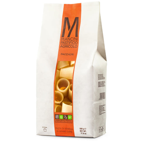 Pasta package with Mancini branding on a white background
