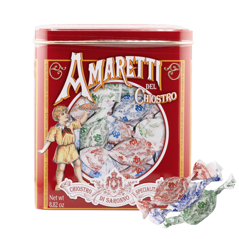 Red tin box of Amaretti cookies with illustrations on a white background