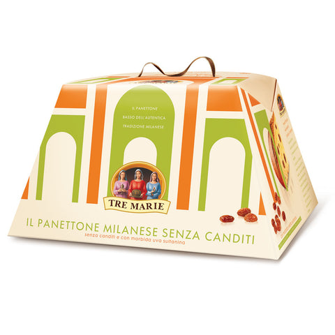 Decorative box for Tre Marie Panettone with colorful design and branding.