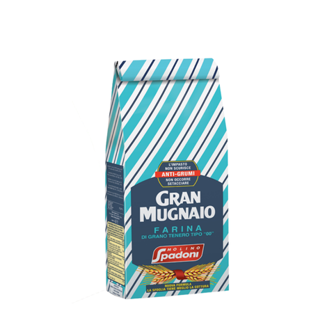 Spadoni Gran Mugnaio flour packaging with blue and white striped design on a white background
