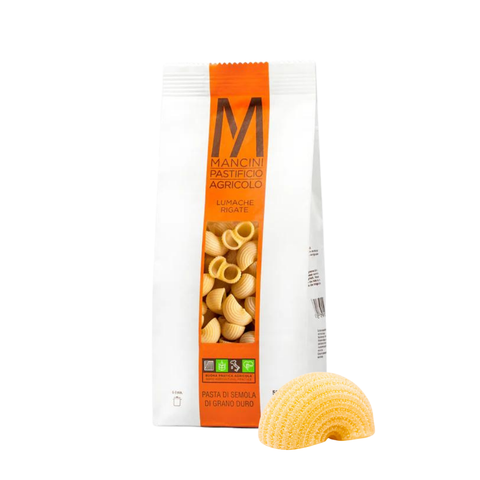 Mancini pasta package with a sample of pasta on a white background
