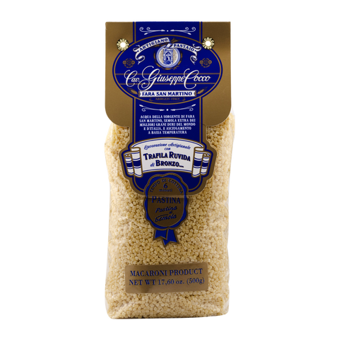 Bag of Cav. Giuseppe Cocco pasta with blue and gold label on a white background