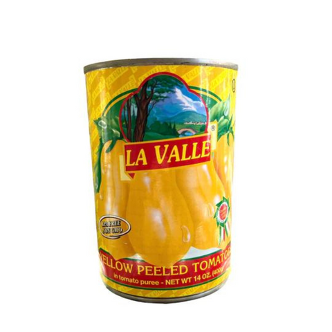 Can of La Valle yellow peeled tomatoes on a white background