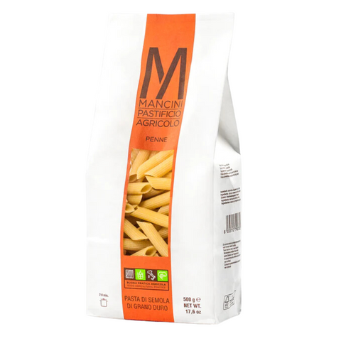 Mancini pasta packaging with orange and white design on a white background