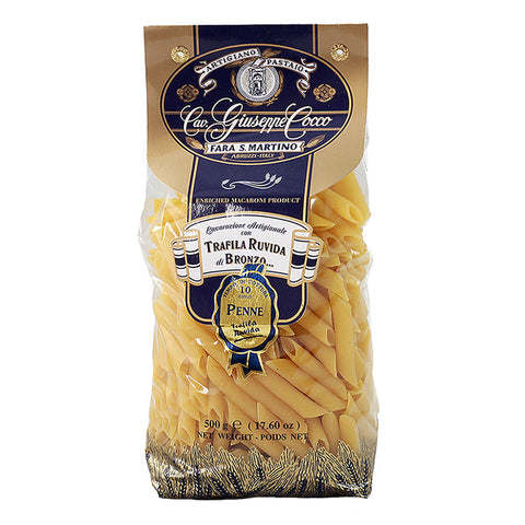 Bag of penne pasta with a brand label on a white background
