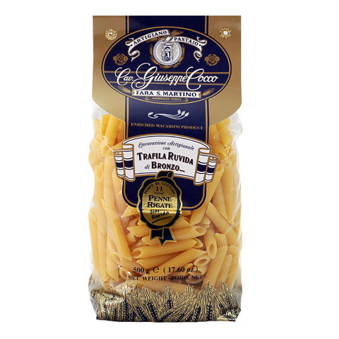 Bag of pasta with a brand label on a white background