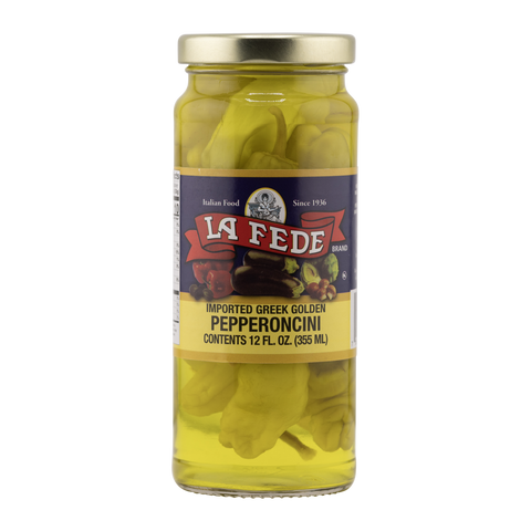 Jar of La Fede imported Greek golden pepperoncini on a white background
