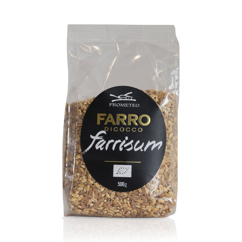 Packaged farro with 'Prometeo' label on a white background