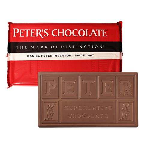 Chocolate bar with red packaging featuring 'Peter's Chocolate' branding on a white background.