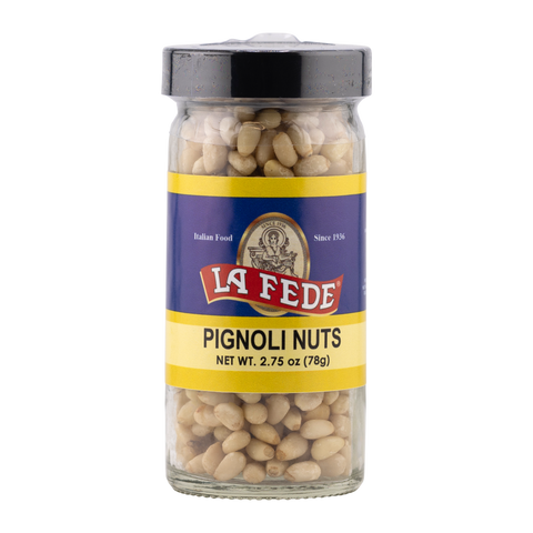 Jar of La Fede Pignoli Nuts on a white background