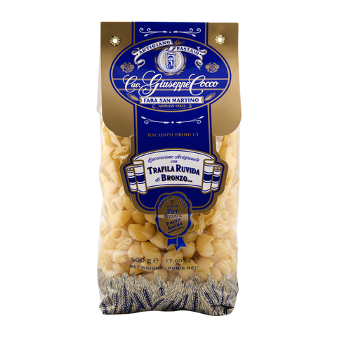 Bag of pasta with a blue and gold label on a white background